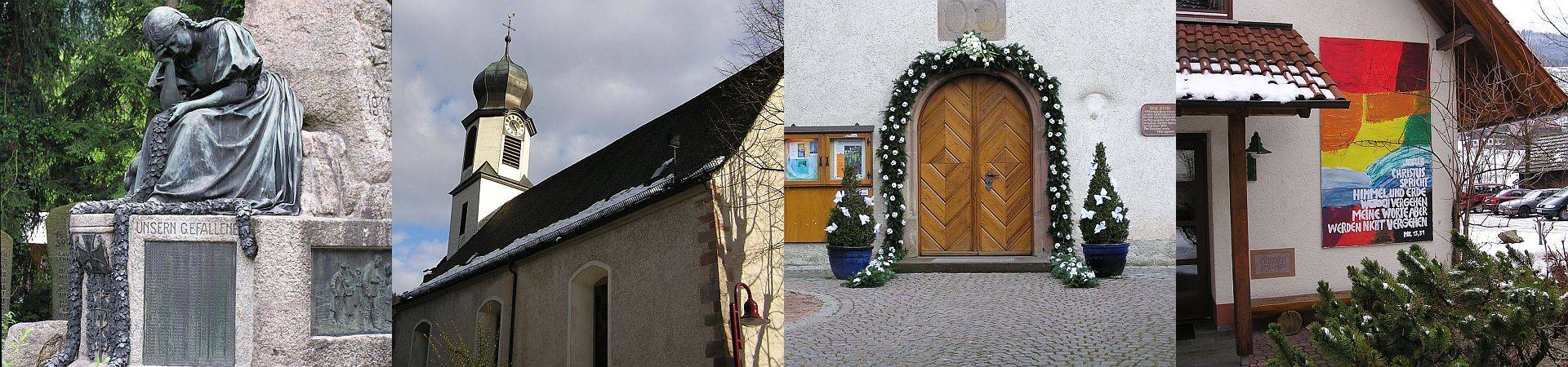 Zusammenstellung: Kriegerdenkmal, Kirchenansicht, Kirchentür, Gemeindehaus